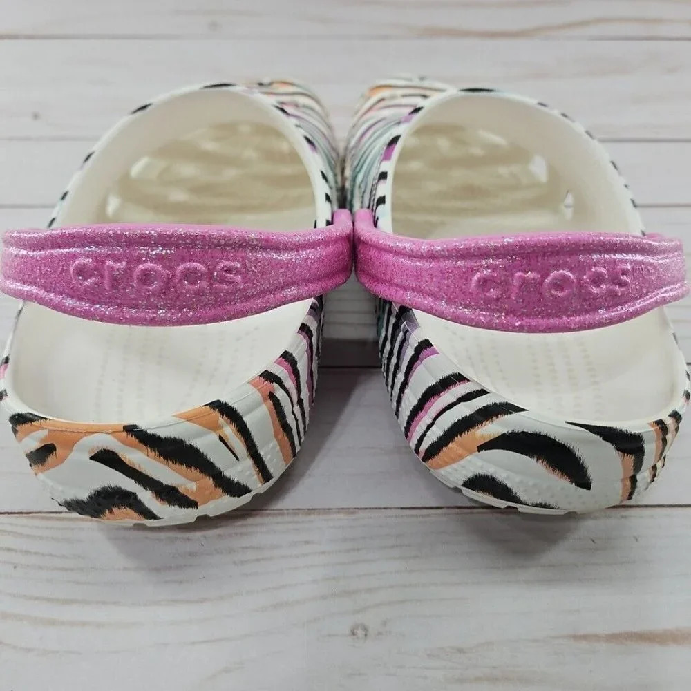 Crocs Kids Classic Size J5 Zebra Animal Print Striped Glitter‎ Clogs